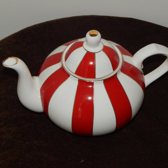 GRACE TEAWARE Fine Porcelain Teapot Holiday Carousel Red White Gold Stripes New - Picture 2 of 9